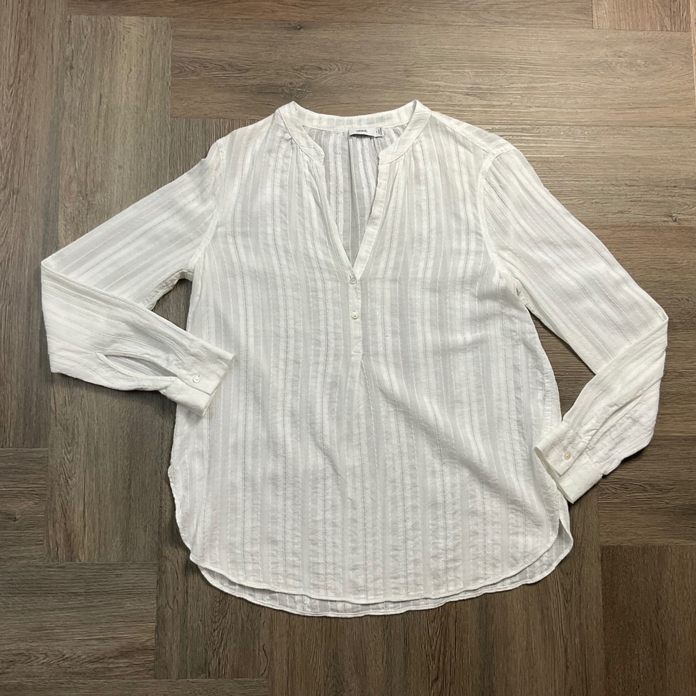 Vince Cotton Dobby Stripe Split Neck Popover Blouse Tunic Top Womens 4 White